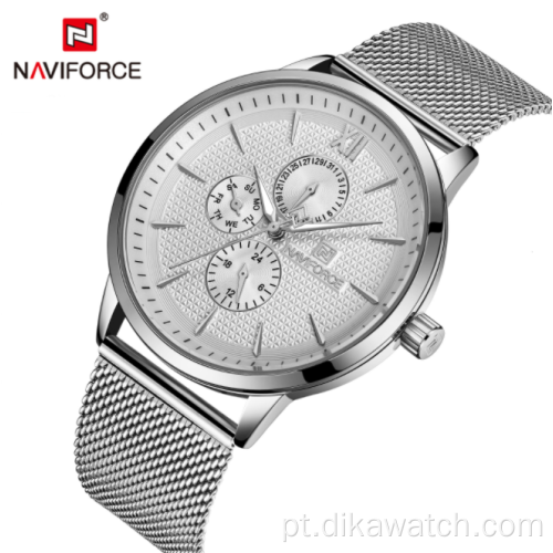 NAVIFORCE Novo 3003 relógio masculino, pulseira de malha, relógio de quartzo à prova d&#39;água para seis mãos